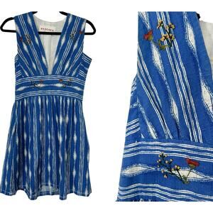 MADCHEN Anthropologie Embroidered Blue Floral Cotton Ikat V-Neck Boho Folk Sz 0